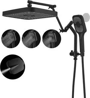 14" High Pressure Rain/Rainfall Shower Heads With Handheld Spray Combo (3+1 Settings & Built-in Power Wash Mode), Double/Dual Shower Head With Handheld - Height/Angle Adjustable(Matte Black)