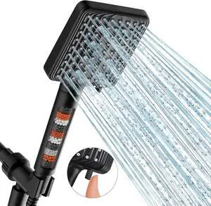 Filtered Shower Head Black - 6 Modes High Pressure Handheld Shower Head with Filter Mineral Beads Detachable Handheld Showerhead Set with Stainless Steel Hose and Shower Arm Bracket