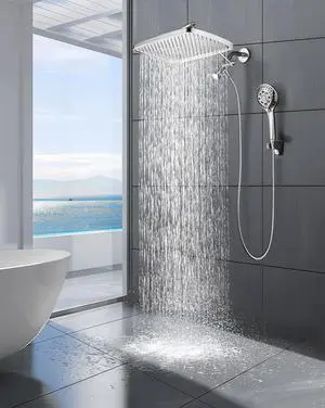 Cobbe 12'' Rain Shower Head with Extension Arm - Dual Shower Heads with 8 Modes Handheld Spray Combo - Wide RainFall shower with Anti-Clog Nozzles, Adhesive Showerhead Holder, Chrome