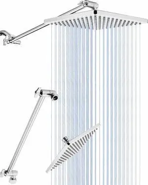 Rain Shower Head, 8'' High Pressure Rainfall Square Showerhead with 15'' Shower Head Extension Arm, Brass Adjustable Shower Arm Extender, Rainfall Waterfall Fixed Showerheads, Chrome
