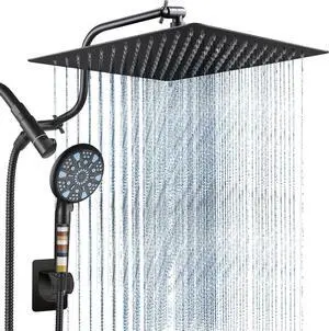 12 Inch All Metal 3-Way Rain Shower Head High Pressure Shower Head Dual Shower Heads with Handheld Spray Combo - Upgrade Extension Arm Height Adjustable - 9 Spray Filtered Shower Head Black