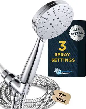 HammerHead Showers® ALL METAL 3-Spray Handheld Shower Head with Long Hose and Holder - CHROME - 2.5 GPM High Pressure Shower Head with Handheld Sprayer - WIDE, MASSAGE, and MIST Sprays