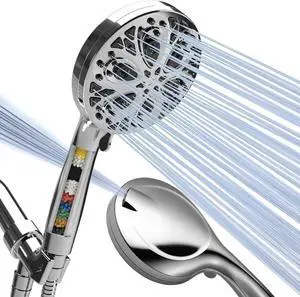 SparkPod 10-Mode Handheld Shower Head with Filter - 5" High Pressure Filtered Shower Head with Touch-to-Clean Nozzles, Built-In Power Jet, Stainless Steel 6ft Hose & Bracket (Polished Chrome)