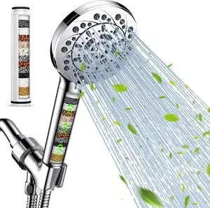 Filtered Shower Head with Handheld High Pressure 5 Spray Modes Showerhead with Hose Bracket and 15 Stages Water Softener Filters Beads for Hard Water Remove Chlorine and Harmful Substance