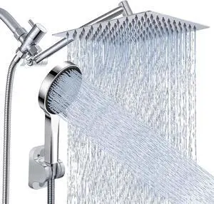 Shower Head Rain Shower Head with Handheld Spray Combo 10 Inch Adjustable High Pressure Rainfall Shower Head Dual Showerhead Set with Extension Arm and 60 Inch Long Shower Hose (Silver)