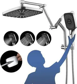 12 High Pressure Rain/Rainfall Shower Heads With Handheld Spray Combo (3+1 Settings & Built-in Power Wash Mode) Double/Dual Shower Head With Handheld - Height/Angle Adjustable(Polished Chrome)