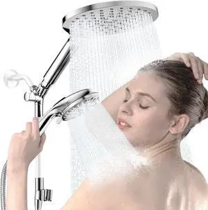 KAIYING Dual Shower Heads with Handheld Spray Combo, High Pressure Modern Rain Shower Head with 9-Mode Handheld Showerhead, Double Rainfall Shower Head with 79-Inch Stainless Steel Hose (Chrome)