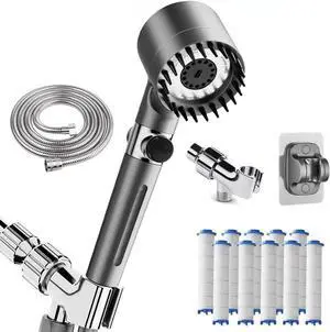 Filtered Shower Head with Handheld & High Pressure - Ion Drops Shower Head with 75 Stainless Hose for Hard Water | 3 Spray Modes Shower with 10 Replaceable Filters