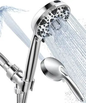 Shower Head With Handheld 7 Settings High Pressure Built-in Power Wash to Clear Tub Tile & Pets 5 High Powerful Hand Held Rain Showerhead with Stainless Steel Hose and Adjustable Bracket