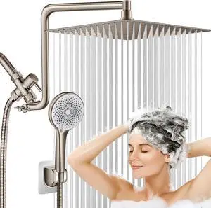 12 Rainfall Shower Head Combo Brushed Nickel High Pressure Shower Heads with Flexible Curved Arm & 4-Setting Handheld Sprayer 60 Hose Stainless Steel