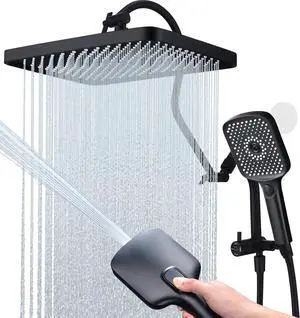 13-Inch Shower Heads with Multi-Function Handheld Sprayer Combo, 3-Way Metal Extended Diverter with Holder and Metal Adjustable Curved Shower Extension Arm, Extra Long Hose Matte Black