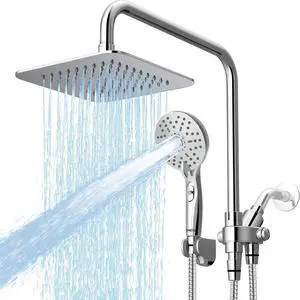 8" Dual Shower Head Combo, Rainfall Shower Head with Handheld, 6 Spray Settings Angle Adjustable Handheld Shower Head with Pause, Height Adjustable, Chrome Silver