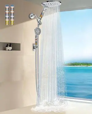 Dual Filtered Shower Heads Combo High Pressure Rain Shower Head with Handheld Spray Built-in Power Wash Dual Handheld Shower Head for Hard Water Remove Chlorine for Healthier Skin- Chrome