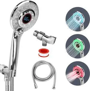 LED Shower head with Temperature Display, High Pressure Shower Head with 59" Stainless Steel Hose, Temperature Display Sensor Light up with 3 Color, Water Saving Showerhead with Shower Adapter