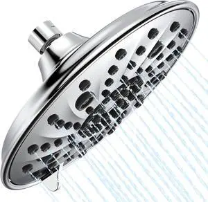 8-Inch Large Rain Shower Head, High Pressure Shower Head with 7 Spray Settings, Fixed Shower Head with 1-Min Installation, Full Coverage Chrome Finish, Easy to Clean, Silver