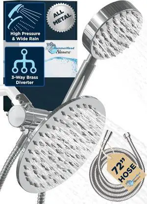 HammerHead Showers® ALL METAL Dual Shower Head Combo  CHROME  8 Inch Rainfall High Flow Shower Head & Handheld Shower Head High Pressure with Hose 6ft - Hotel-Like Double Shower Heads
