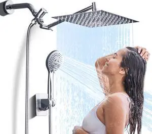 10" Rainfall Shower Head with Handheld Spray Combo High Pressure  5 Spray Modes, Rain Showerheads Overhead Shower, Anti-Clog Nozzles, Air-In, Flexible Extension Arm, Chrome Plating & Brass