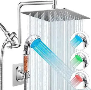 10 Filtered Shower Head with LED, Chrome High Pressure Rainfall Shower Head Combo, Adjustable Extension Arm & Color Changing Handheld Sprayer for Hard Water