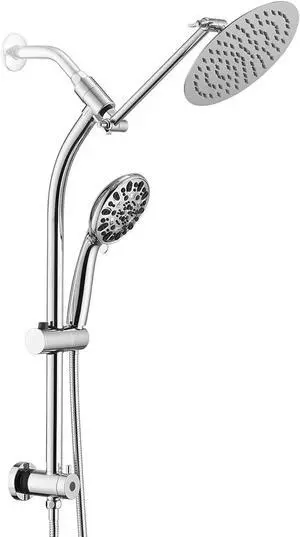 Rainfall 8 Inch Round Shower Head with High Pressure Handheld Spray Combo, Drill-Free Slide Bar with Adjustable Shower Extension Arm, 3-Way Low Diverter for Easy Reach, 5Ft Hose- Chrome