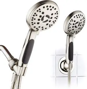 High Pressure 6-setting Luxury Handheld Shower Head  6 Foot Stainless Steel Hose  Anti Clog Jets  Anti Slip Grip  All Brushed Nickel Finish  Top US Brand  Includes Extra Wall Bracket