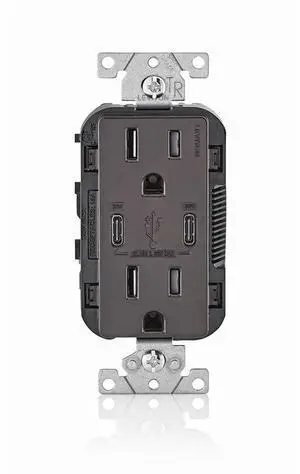 Leviton 30W (6A) USB Dual Type-C/C Power Delivery In-Wall Charger with 15A Tamper-Resistant Outlet, USB Charger for Smartphones, Tablets, Laptops, T5635-B, Brown