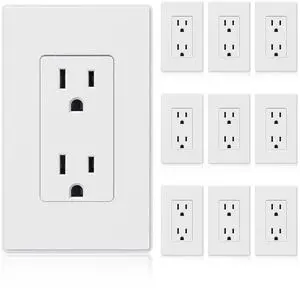 ELEGRP Matte White Standard Decorator Electrical Wall Receptacle Outlet, 15A 125V, 2 Pole 3 Wire, Non- Tamper Resistant, NEMA 5-15R, Self-Grounding, Wall Plate Included, UL Listed, 10 Pack