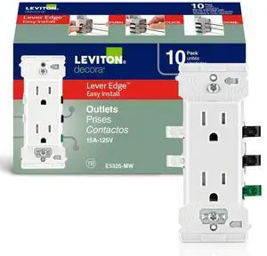 Leviton Lever Edge 15 Amp Tamper-Resistant Duplex Wall Outlet, 10-Pack, E5325-MW, White
