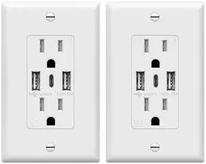 TOPGREENER USB Outlet, 3-Port Type C 3.6A 18W Wall Outlet, 15 Amp Receptacle, Charging Power Outlet with USB Ports, Compatible with iPhone 16 Series & More, UL Listed, TU21536AC3-2PCS, White, 2 Pack