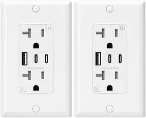 ELEGRP USB Outlets, 20 Amp Wall Outlet with 3 USB Ports, Dual USB C Ports Outlets, TR Tamper-Resistant USB Outlets Receptacles, Wall Plate Included, UL/CUL Listed, 2 Pack, White