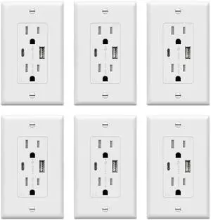 TOPGREENER USB Outlet, Type C & Type A USB Wall Outlet, 15 Amp Tamper Resistant Receptacle Plug, Charging Power Outlet with USB Ports, Wall Plate Included, UL Listed, TU21536AC-W-6PCS, White, 6 Pack