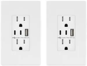 TOPGREENER 4.2A 3-Port Type C USB Outlet, 15 Amp Receptacle Plug, Charging Power Outlet with Dual Type C&A Ports, Screwless Wall Plate Included, UL Listed, TU21542AC2-WSID, White, 2 Pack