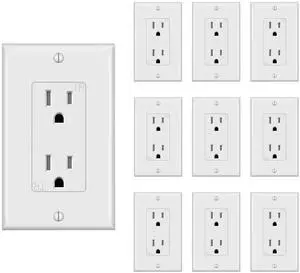 Decorator Receptacle Outlet with Wall Plate, Tamper-Resistant Electrical Outlet, Residential Grade, 3-Wire, 15A 125V, Self-Grounding, 2-Pole, UL Listed, White (10 Pack)