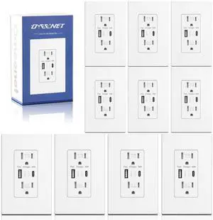 USB Wall Outlet with 20W Fast Charging, Type-C & Type-A Dual Ports USB Outlets, Tamper-Resistant USB Receptacle, Screwless Wall Plate, 15A ETL White (10-Pack)