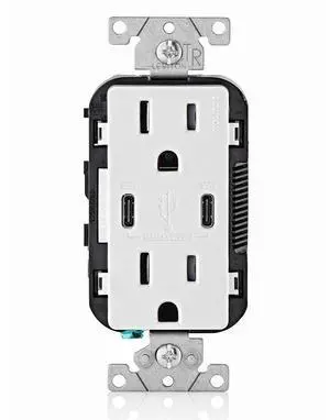 Leviton 30W (6A) USB Dual Type-C/C Power Delivery In-Wall Charger with 15A Tamper-Resistant Outlet, USB Charger for Smartphones, Tablets, Laptops, T5635-W, White