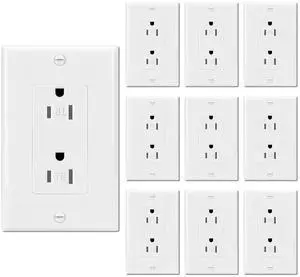 ThunderWay 15 Amp Decorator Wall Receptacle Outlet, Child-Safe Tamper-Resistant, Residential and Commercial Use, Wallplate Included, 15A/125V, 2 Pole 3 Wire, UL Listed, White (10 Pack)