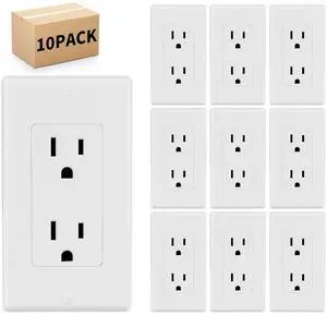 10 Pack - POWAWINI Standard Electrical Outlet 15 Amp, 2 Pole 3 Wire, Non-Tamper Resistant, NEMA 5-15R, Self-Grounding Residential Grade, UL Listed, White Decorator Receptacle with Wall Plate and Screw