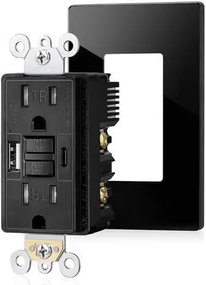 SURAIELEC 15 Amp GFCI Outlet with USB Ports, Self-Test GFCI Combination with USB-C & USB-A, Tamper-Resistant GFCI Electrical Outlet, GFCI USB Outlet with Screwless Wall Plate, ETL Listed, Black,1-Pack