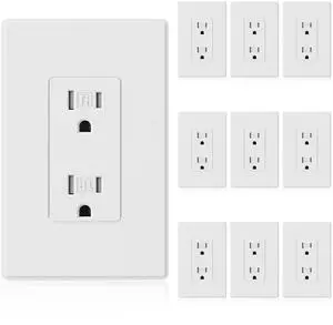 ELEGRP Matte White Decorator Wall Receptacle Outlets, Tamper Resistant 15 Amp Standard Electrical Wall Outlet, Residential Grade, Self-grounding, 125V, Mid Size Wall Plate Included, UL Listed, 10 Pack