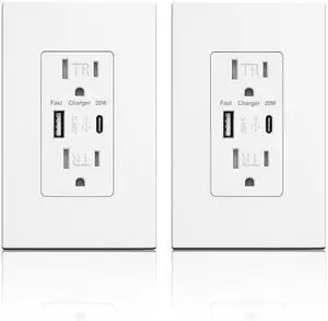 USB Wall Outlet with 20W Fast Charging, Type-C & Type-A Dual Ports USB Outlets, Tamper-Resistant USB Receptacle, Screwless Wall Plate, 15A ETL White (2-Pack)