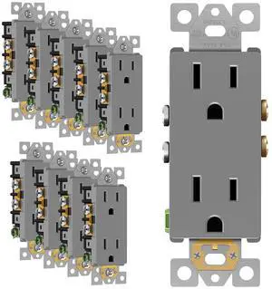 ENERLITES Decorator Receptacle, Residential Grade Wall Outlet, 15A 125V, Self-Grounding, 2-Pole, 3-Wire, 5-15R, UL Listed, 61501-GY-10PCS, Gray,10 Pack, Non Tamper Resistant