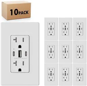 Micmi USB C Wall Outlet, 40W 8.0 Amp 3-Port USB C Outlet 20A Tamper Resistant Receptacle with Dual Type C & A Ports, ETL Listed, Wall Plate Included, Matte White 10 Pack