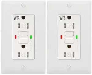 2 Pack - POWAWINI GFCI Outlet 15 Amp, UL Listed, Self-Test GFI Receptacles, TamperResistant, Weather Resistant, LED Indicator, with Decor Wall Plates and Screws, Indoor or Outdoor Use (White)