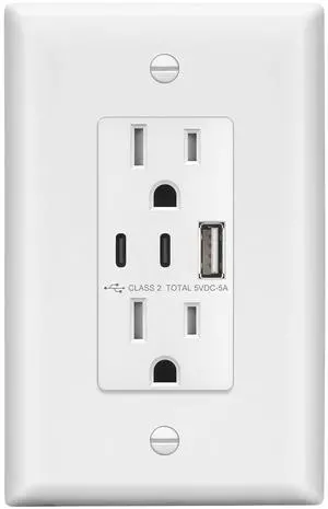 LIDER 5.0A 25W USB Wall Outlet, Duplex Tamper-Resistant Receptacle, USB Type-A, 2 USB Type-C Charging Ports, Interchangeable Face Cover, Modern Upgrade, UL Listed, Wall Plate Included, White