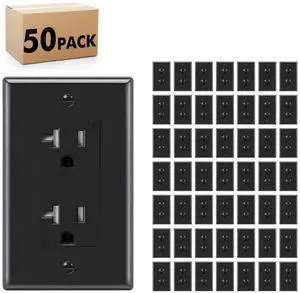 Micmi Decorator Receptacle Outlet, Tamper Resistant, Decorative Receptacle Outlet, 20Amp 125Volt, Grounding with Wall Plate UL Listed (50 Pack, Black, 20Amp Outlet)