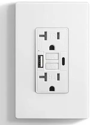SURAIELEC 20 Amp GFCI Outlet with USB-C & USB-A Ports, Self-Test GFCI Electrical Outlet Combination with USB, Tamper-Resistant GFCI USB Outlet, Screwless Wall Plate Included, ETL Listed, White,1-Pack