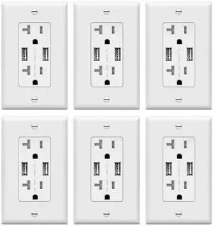 TOPGREENER 4A High Speed USB Wall Outlet Charger, 20Amp Tamper-Resistant Receptacle Plug, Charging Power Outlet with USB Port, UL Listed, TU2204A-6PCS, White, 6 Pack
