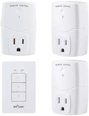 BN-LINK Mini Wireless Wall-Mounting Remote Control Outlet Switch Power Plug in for Household Appliances, Wireless Remote Light Switch, LED Light Bulbs, White (3 Outlets)