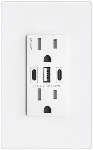 USB Wall Outlet, 30W GaN 6.0A USB Outlet Receptacles with 3 USB Ports,15 Amp Tamper-Resistant Electrical Outlet with 1 Type A&2 Type C,Screwless Wall Plate Included,UL Listed