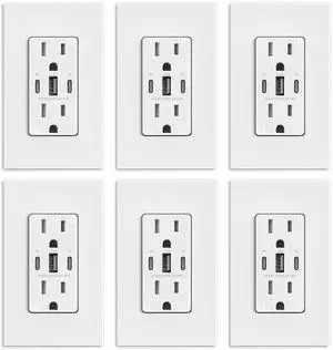 ELEGRP USB Outlets, 30W 6.0 Amp USB C Outlets Receptacles, 3-Port USB Wall Outlet, 15 Amp Tamper-Resistant Outlet with 2 USB C Ports, UL Listed, Screwless Wall Plate Included, 6 Pack, Matte White