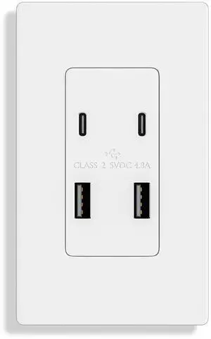 USB Outlet with 4.8A/24W Type A & Type C USB Charging Ports, High Charging Power Electrical OutletUL Listed, Screwless Wall Plate Included - White
